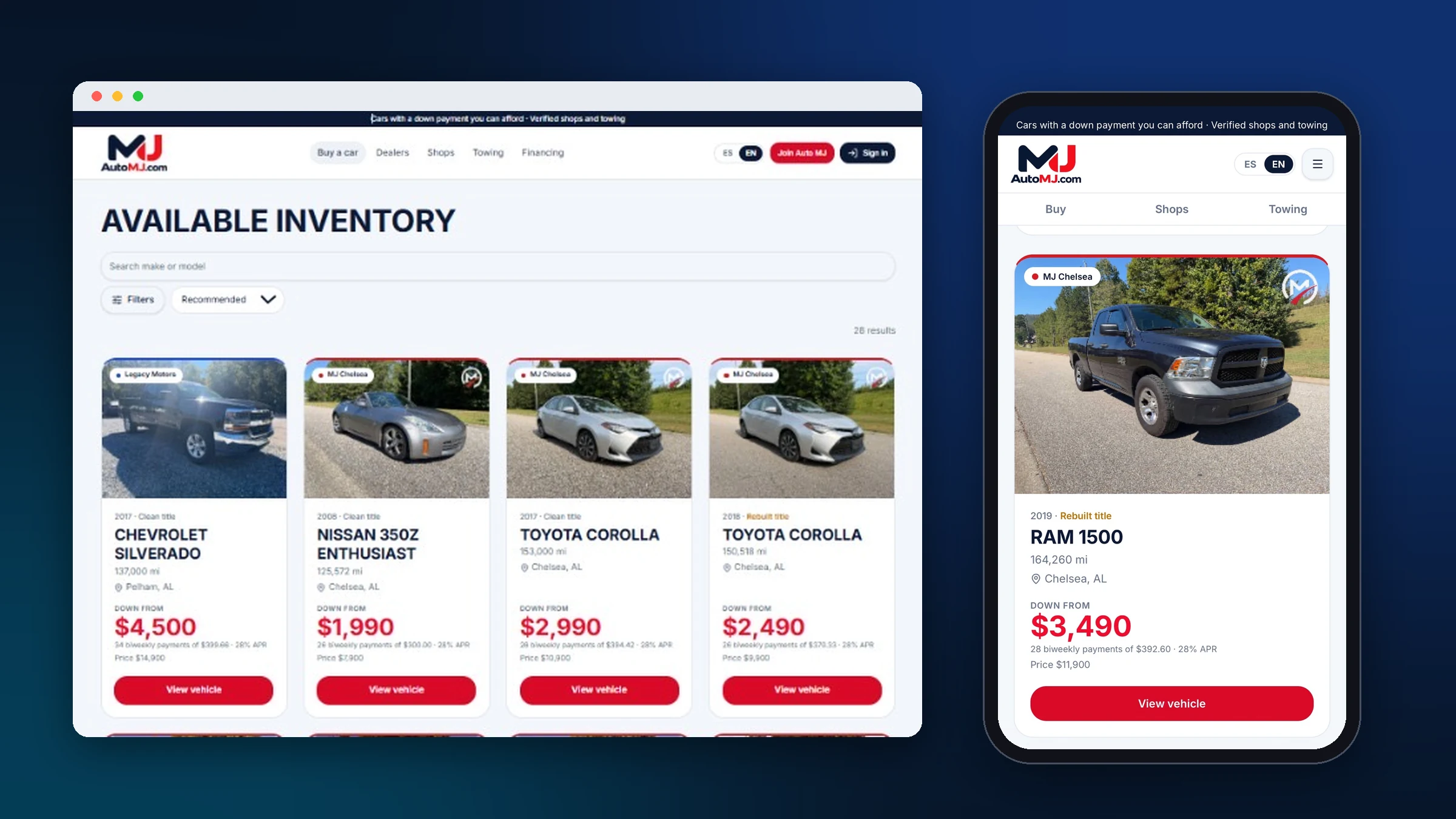AutoMJ.com inventory on a laptop and a vehicle listing with its down payment, payments and APR on a phone.