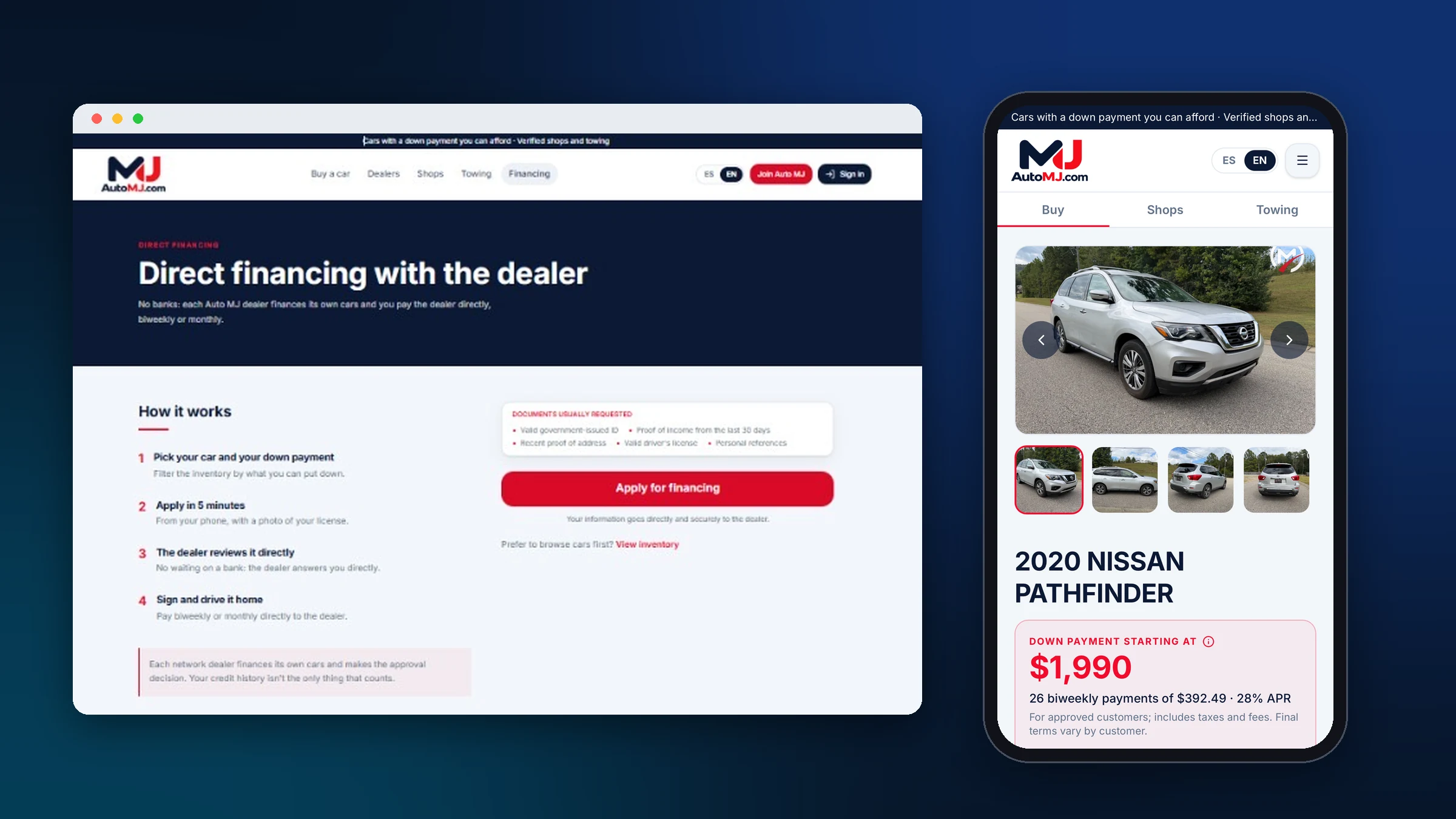 The AutoMJ.com financing page on a laptop and a vehicle with its complete financing example on a phone.
