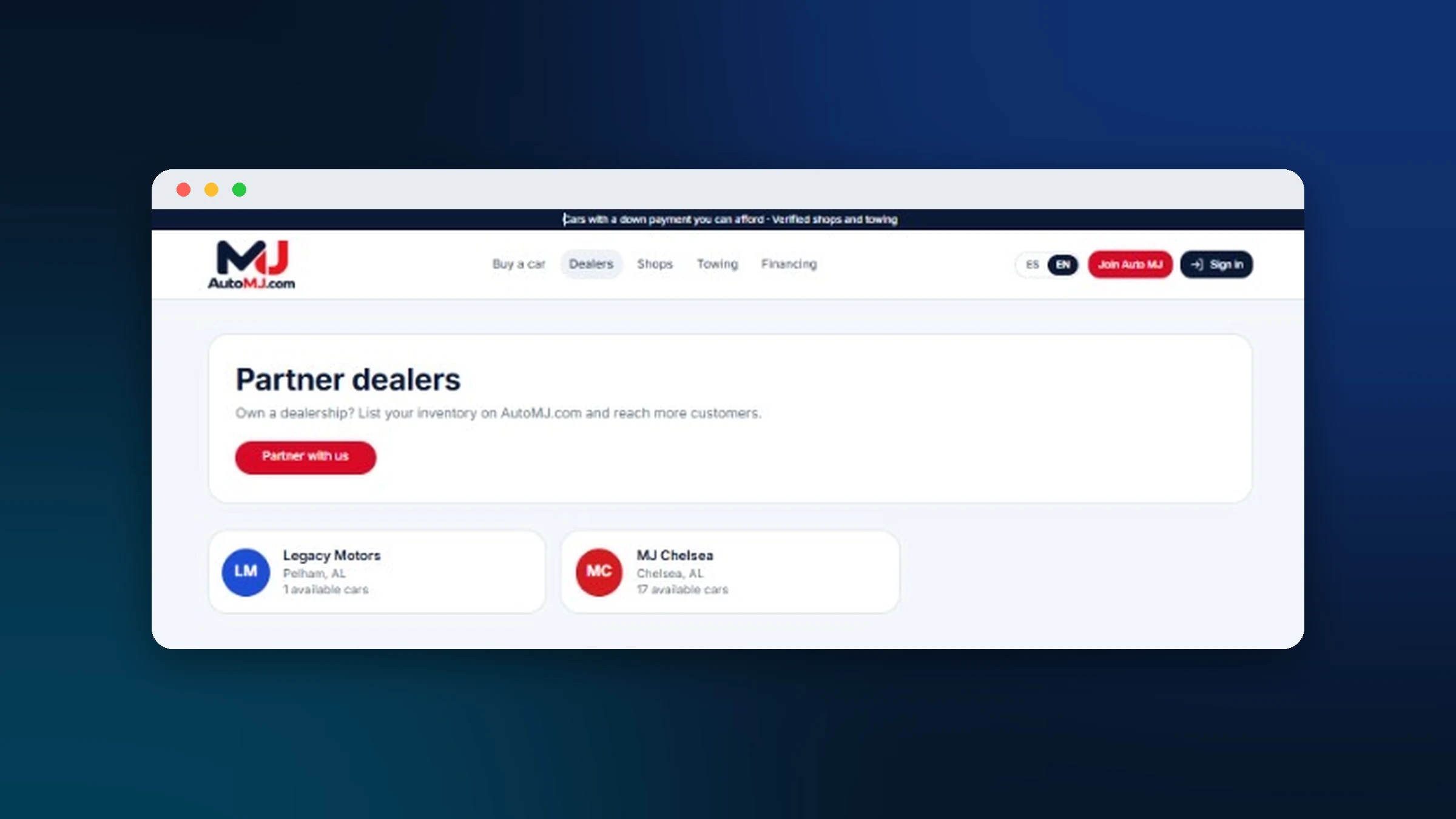 The AutoMJ.com partner dealers page with a button to partner and one card per dealer.