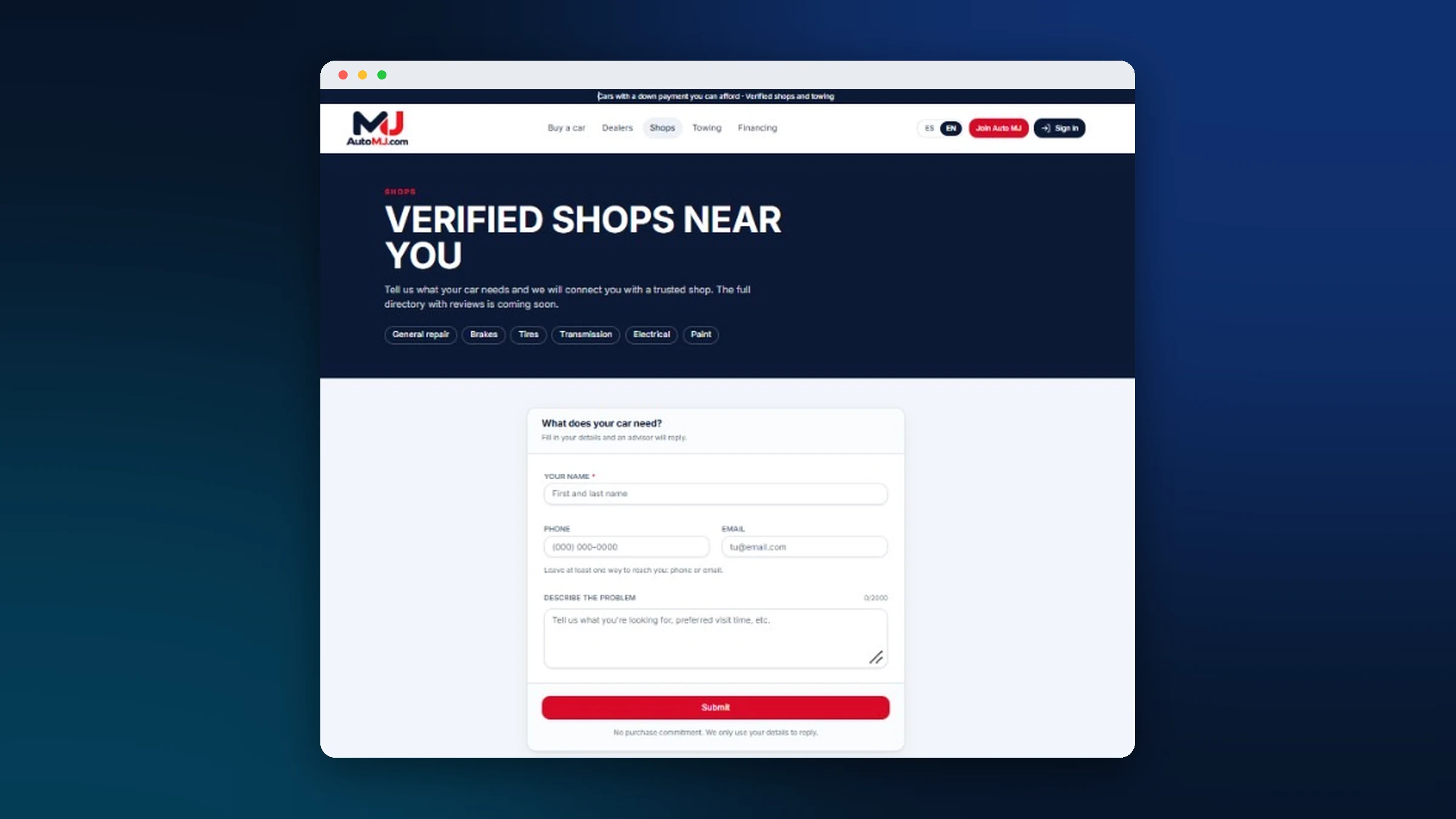 The AutoMJ.com shops page with service categories and a request form.