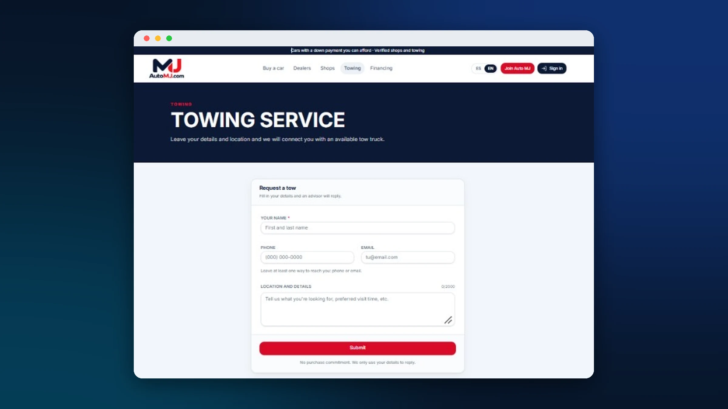 The AutoMJ.com towing page with a tow request form.
