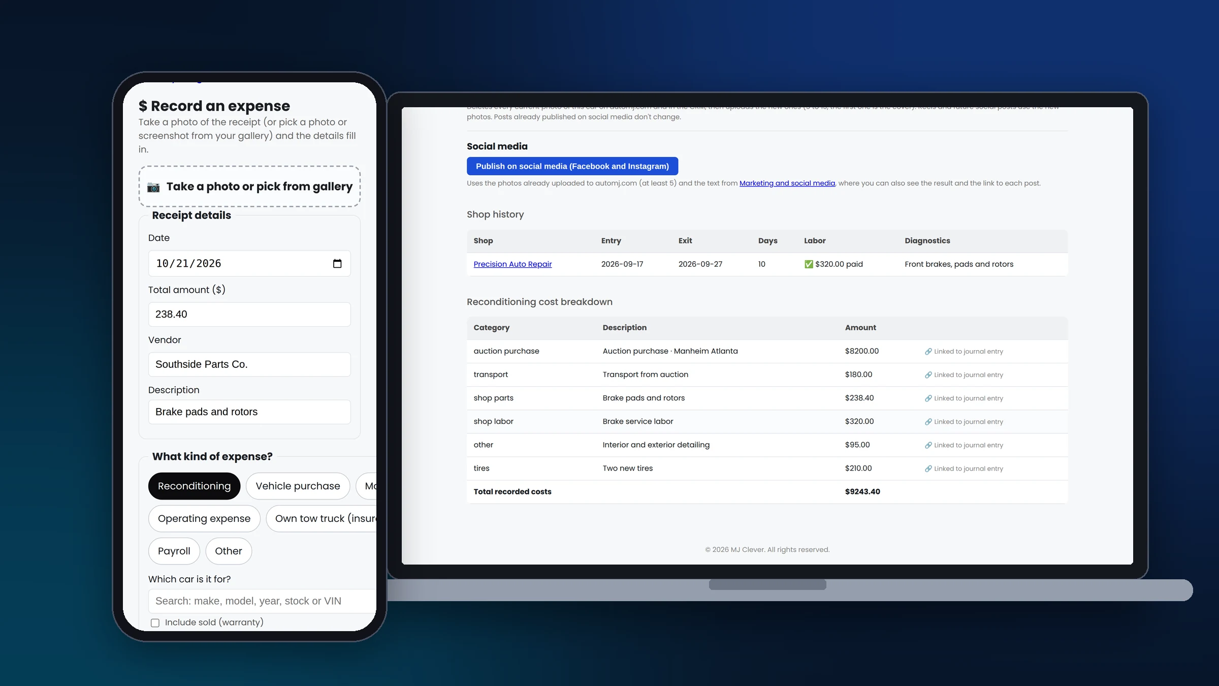 An expense being recorded in the MJ Clever Dealer app and, on a laptop, the reconditioning cost breakdown and shop history of the same vehicle.