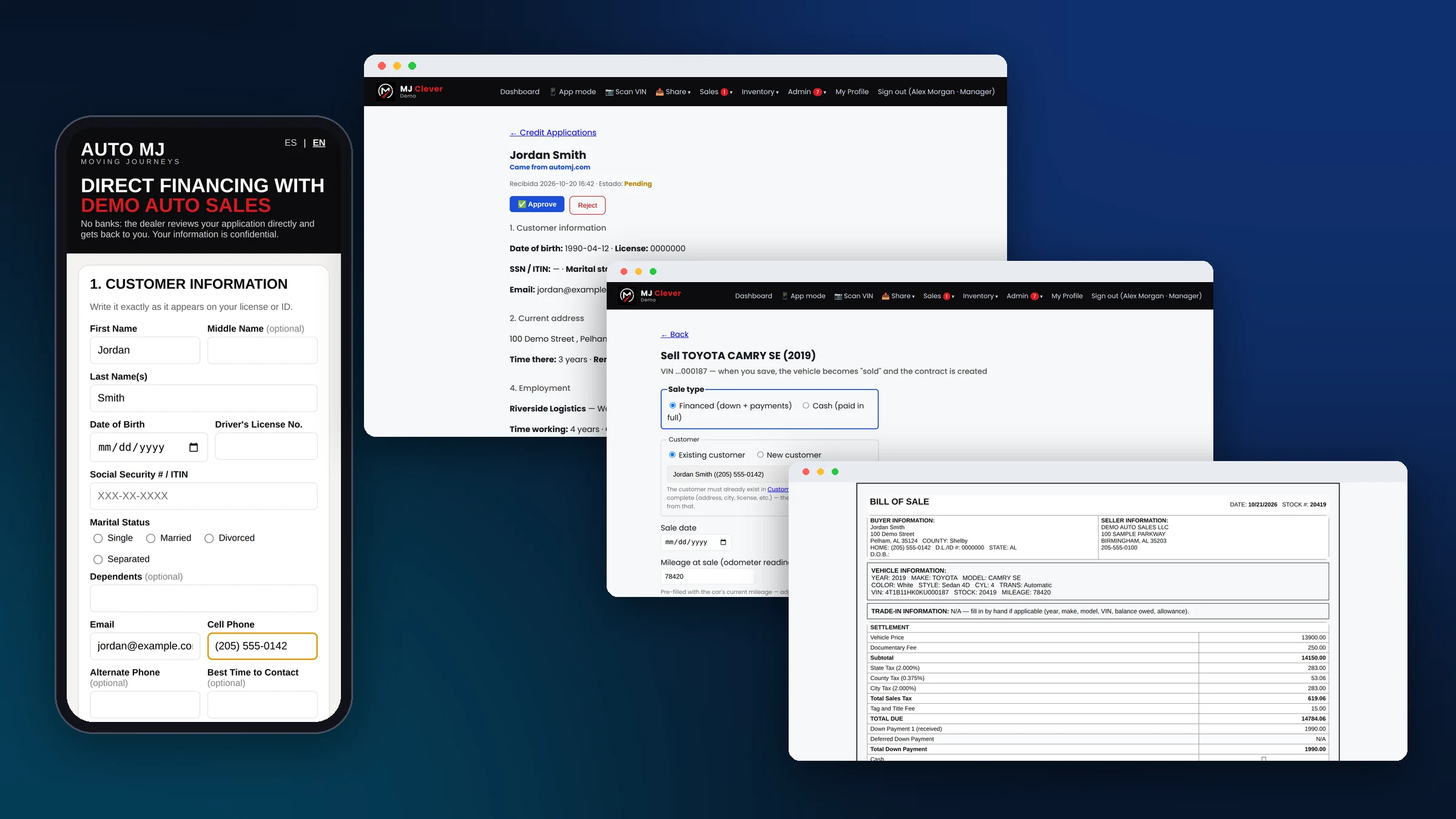 A credit application on a phone, the application under review with Approve and Reject buttons, the sale form with customer and price, and the generated Bill of Sale.
