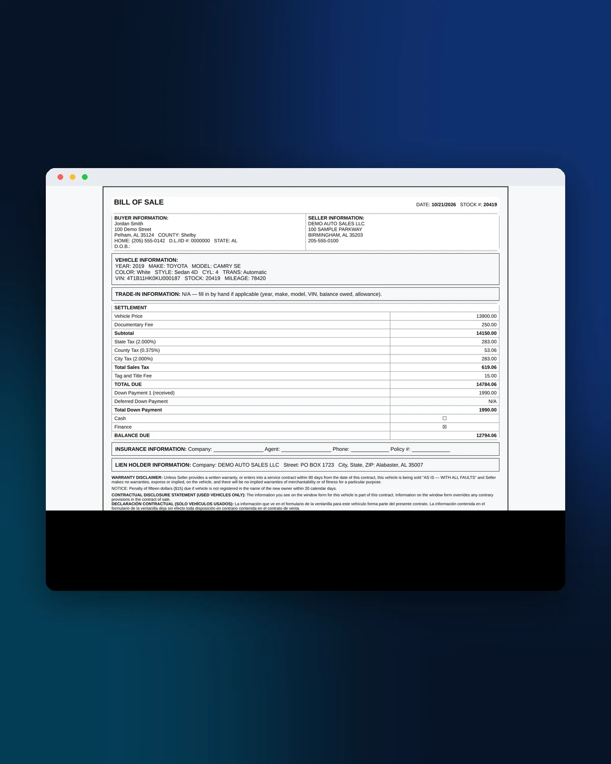 Generated sale documents with the Bill of Sale ready to sign.