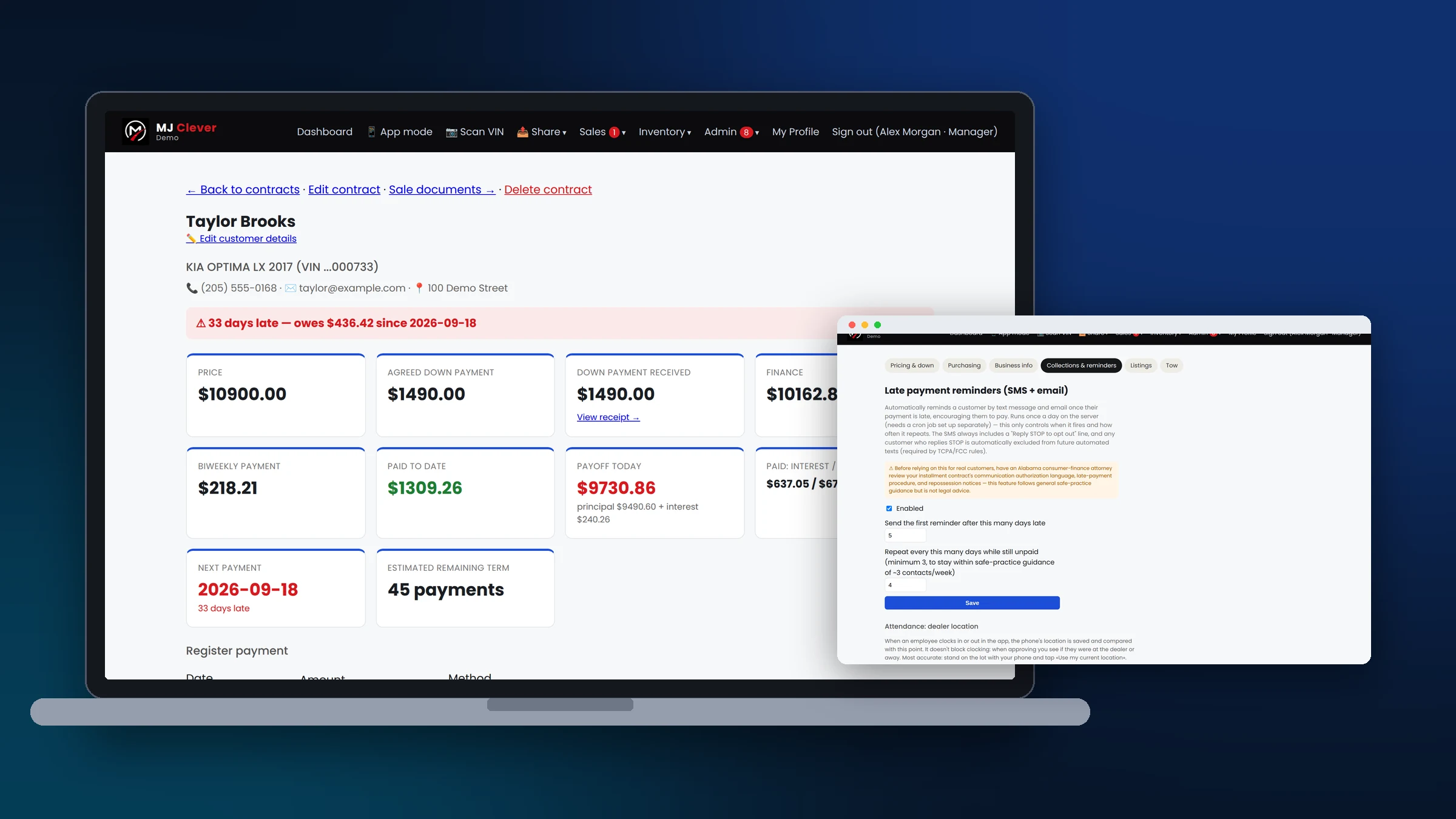 A buy-here-pay-here contract with price, payments, balance, payoff and late status, next to the automated late-payment reminder settings.